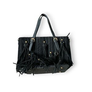 NEW Women's Large Black Fringed Embossed Suede Leather Studded Shoulder Tote Bag